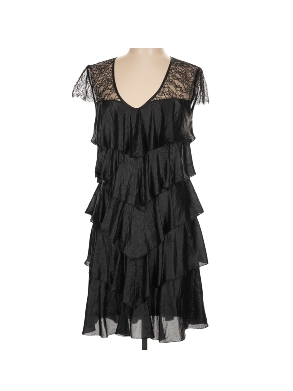 BCBGMaxAzria Black Lace Tiered Ruffle Mini Dress S